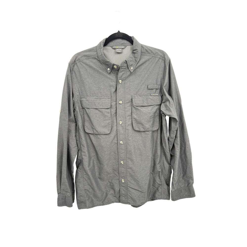 ExOfficio Button Down Men Medium Gray Halo Long Sleeve Fishing Shirt Vented
